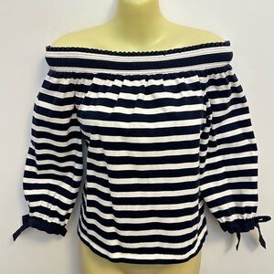 J. Crew Navy and White Off Shoulder Striped Blouse